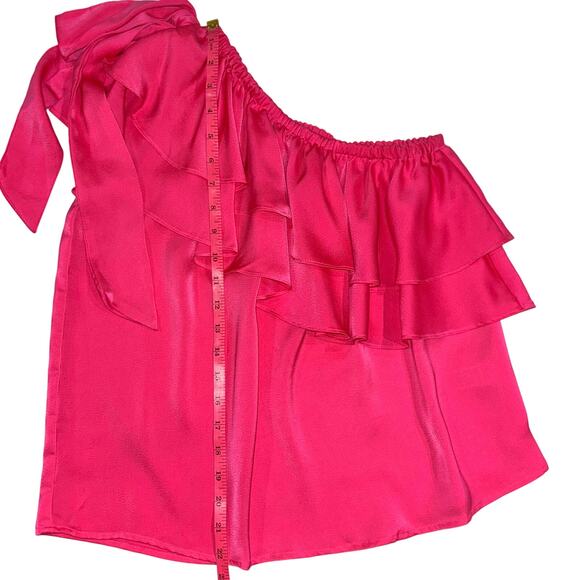CeCe Hot Pink Satin Ruffle Bow Tie One Shoulder Blouse Size S - Picture 10 of 10